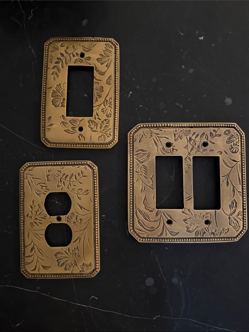 Anthropologie Floral Embossed Brass Wall Plate Covers - Gold Tone Set